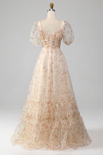 Champagne A-Line Floral Print Pleated Tiered Ball Dress With Puff Sleeves